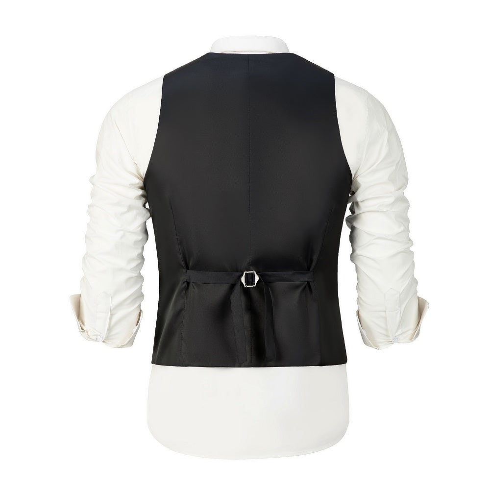 Back design of navy men's formal pinstripe vest with adjustable strap – sleek wedding outfit