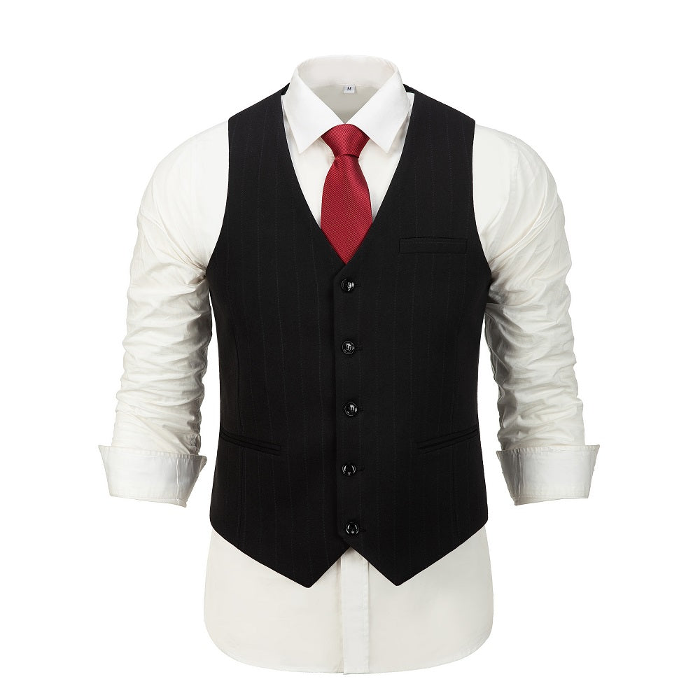 Black striped formal men's vest with buttons and pockets, suitable for business, party, or wedding