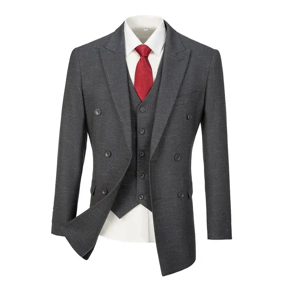Double-breasted grey plaid 3 piece suit – modern menswear with red tie