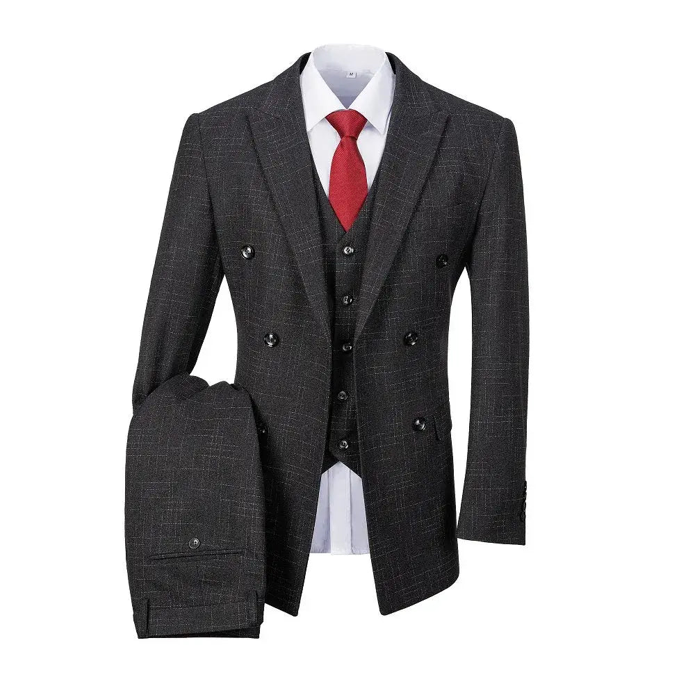 Three-piece black plaid suit for men – blazer, vest, and trousers