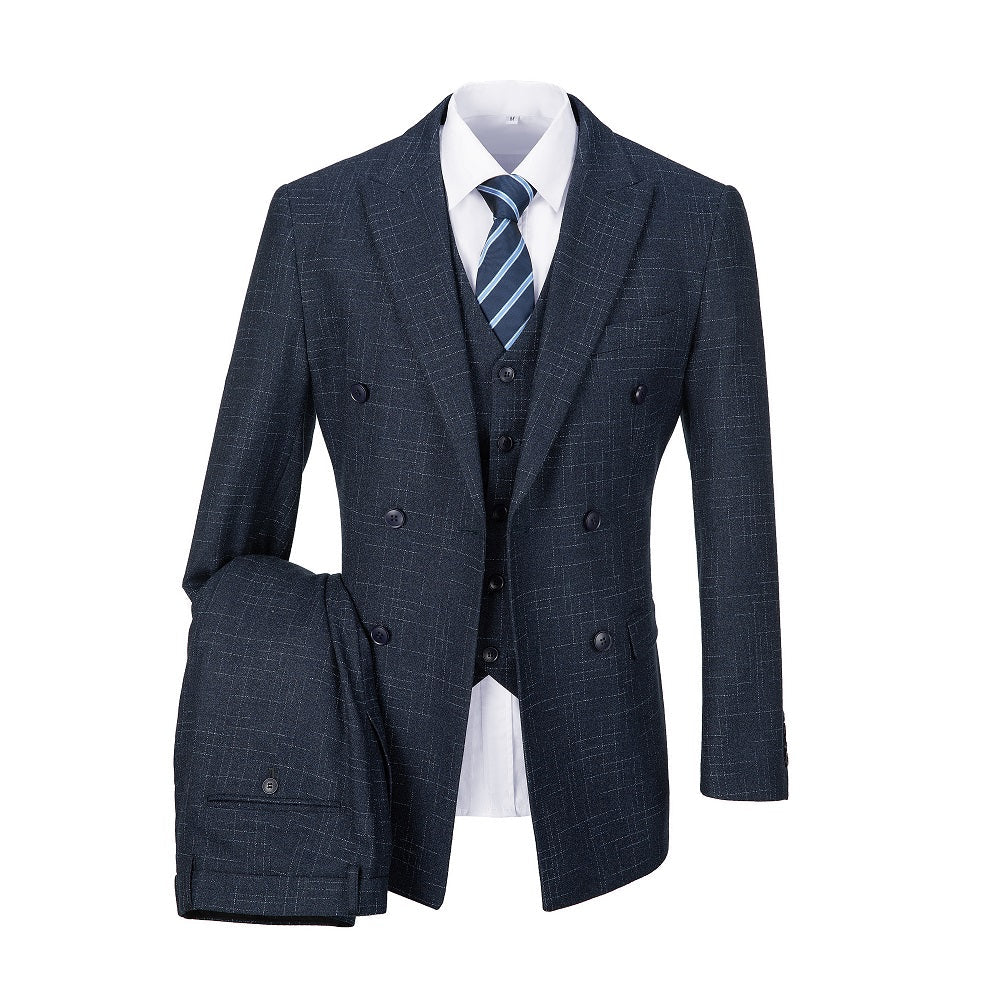 Navy Plaid Men's 3 Piece Slim Fit Suit Set Double Breasted