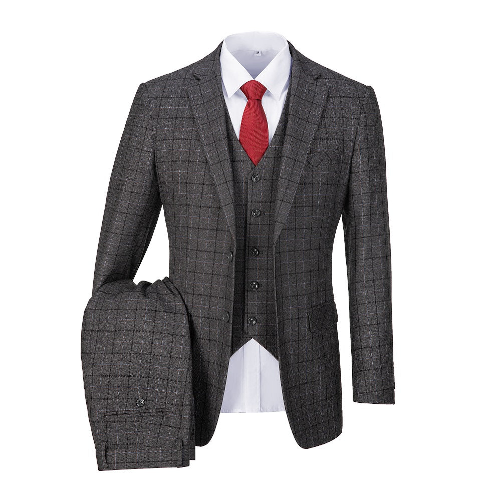 Grey Plaid Men's 3 Piece Suits