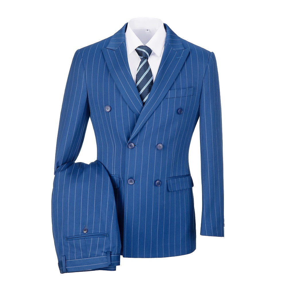 Men's royal blue chalk stripe suit laid flat with double breasted blazer