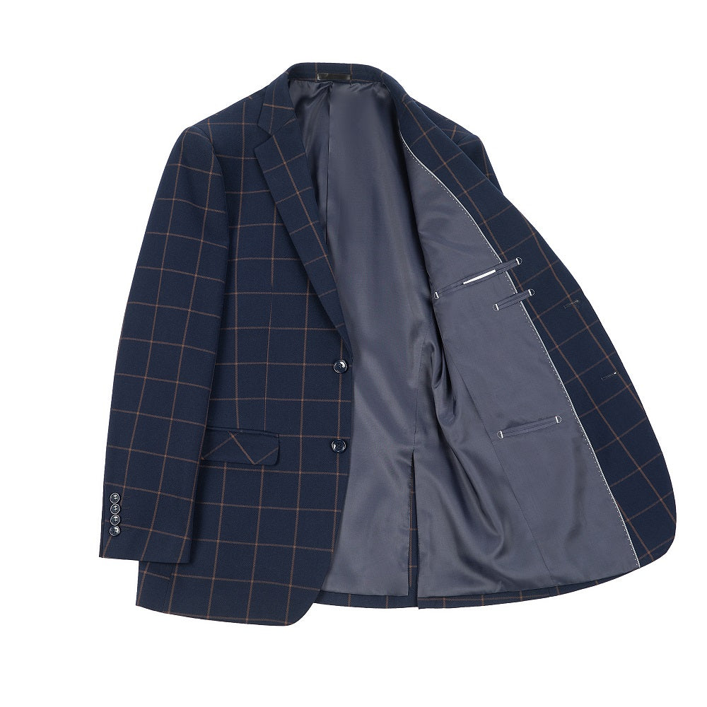 Blue orange plaid men's blazer inside view - gray lining with inner pockets & two black buttons formal jacket