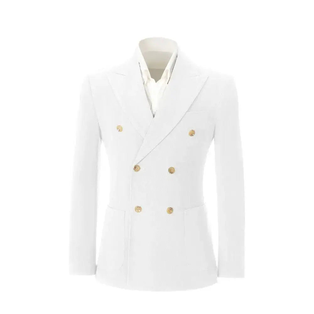 Front view of men's white corduroy blazer – double breasted with peak lapel