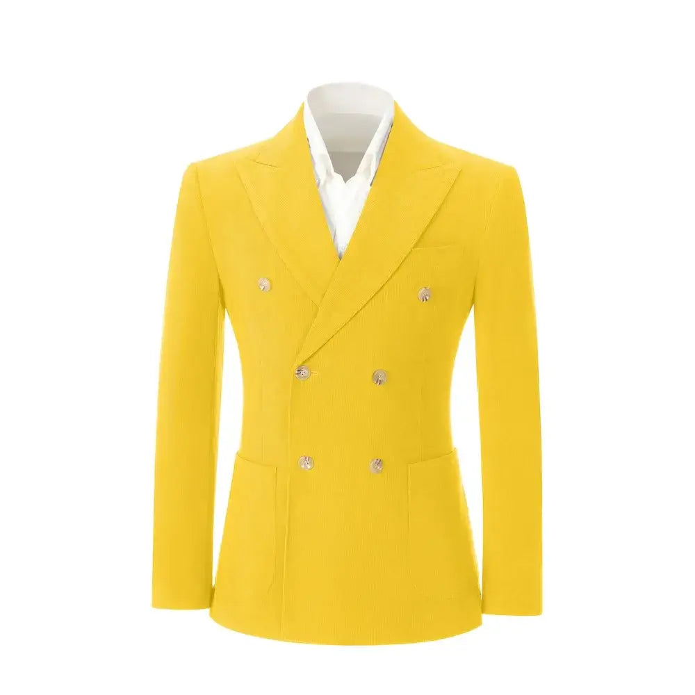 Front view of men's yellow corduroy blazer – double breasted with peak lapel