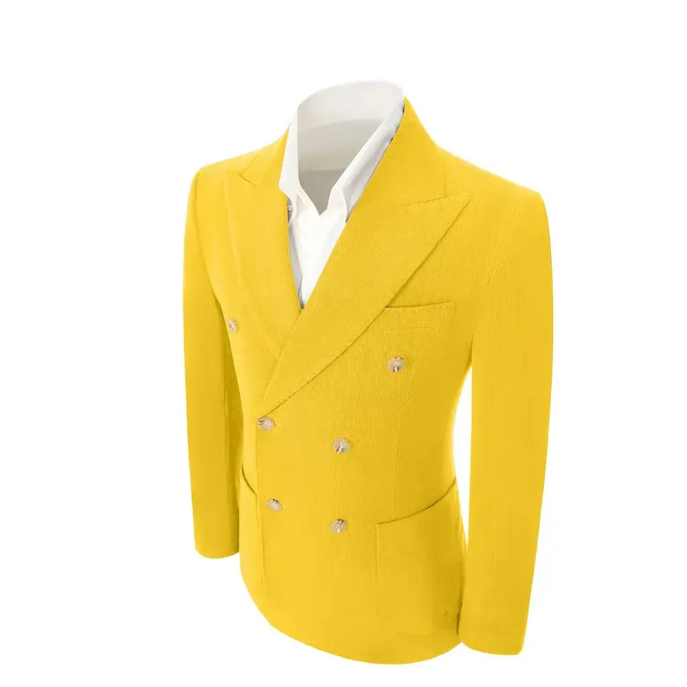 Side view of yellow corduroy blazer – structured fit and classic tailoring