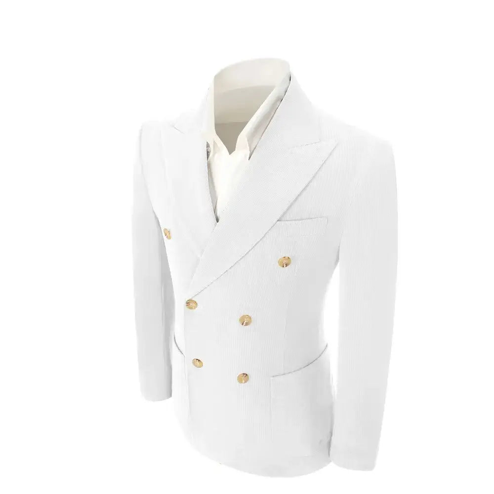 Side view of white corduroy blazer – structured fit and classic tailoring