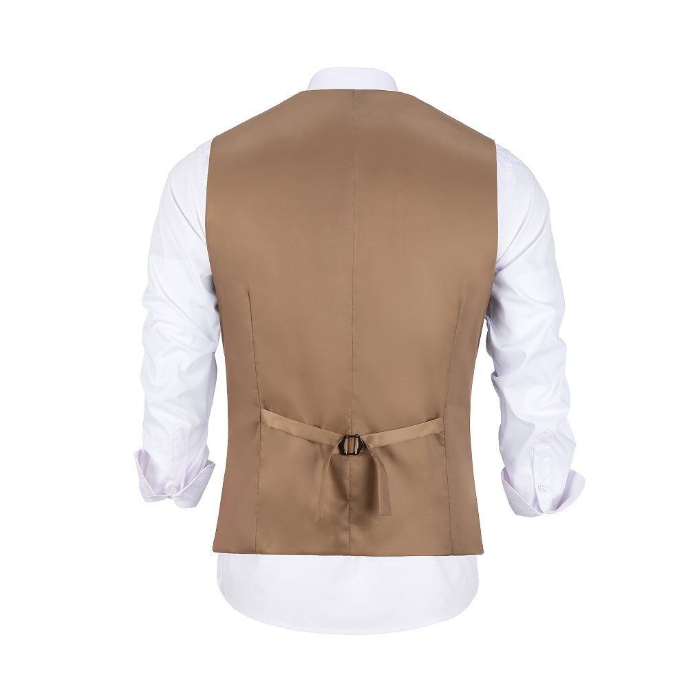 Khaki men's vest back view with adjustable strap and metal buckle, suitable for party, wedding, or business