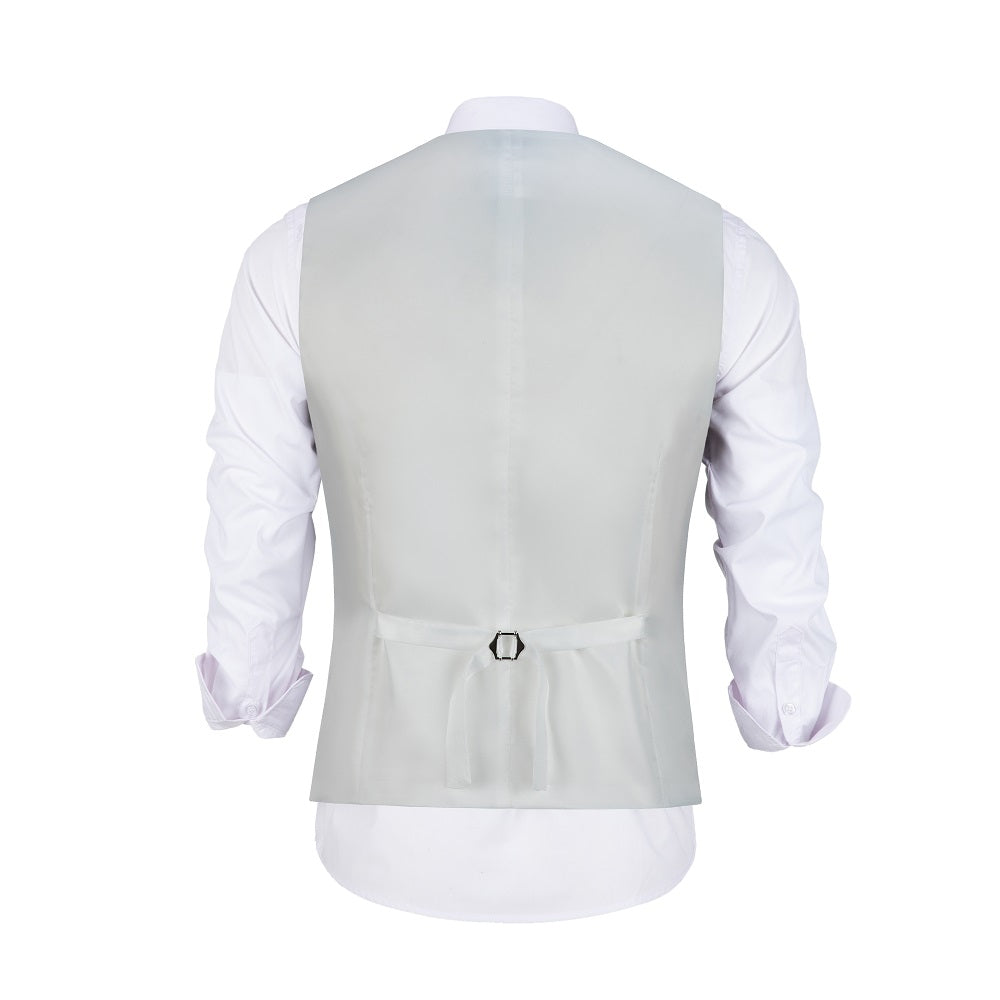 White men's vest back view with adjustable strap and metal buckle, suitable for party, wedding, or business