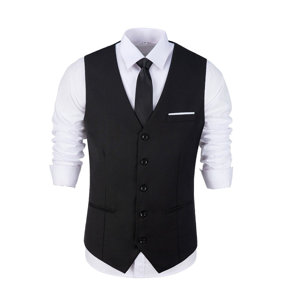 Black formal men's vest with buttons and pocket, suitable for business, party, or wedding