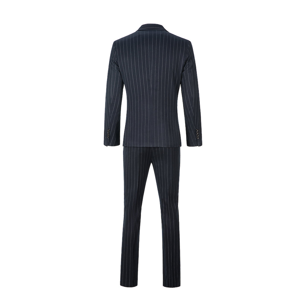 Full back view of navy chalk stripe 2 piece men's suit for formal events