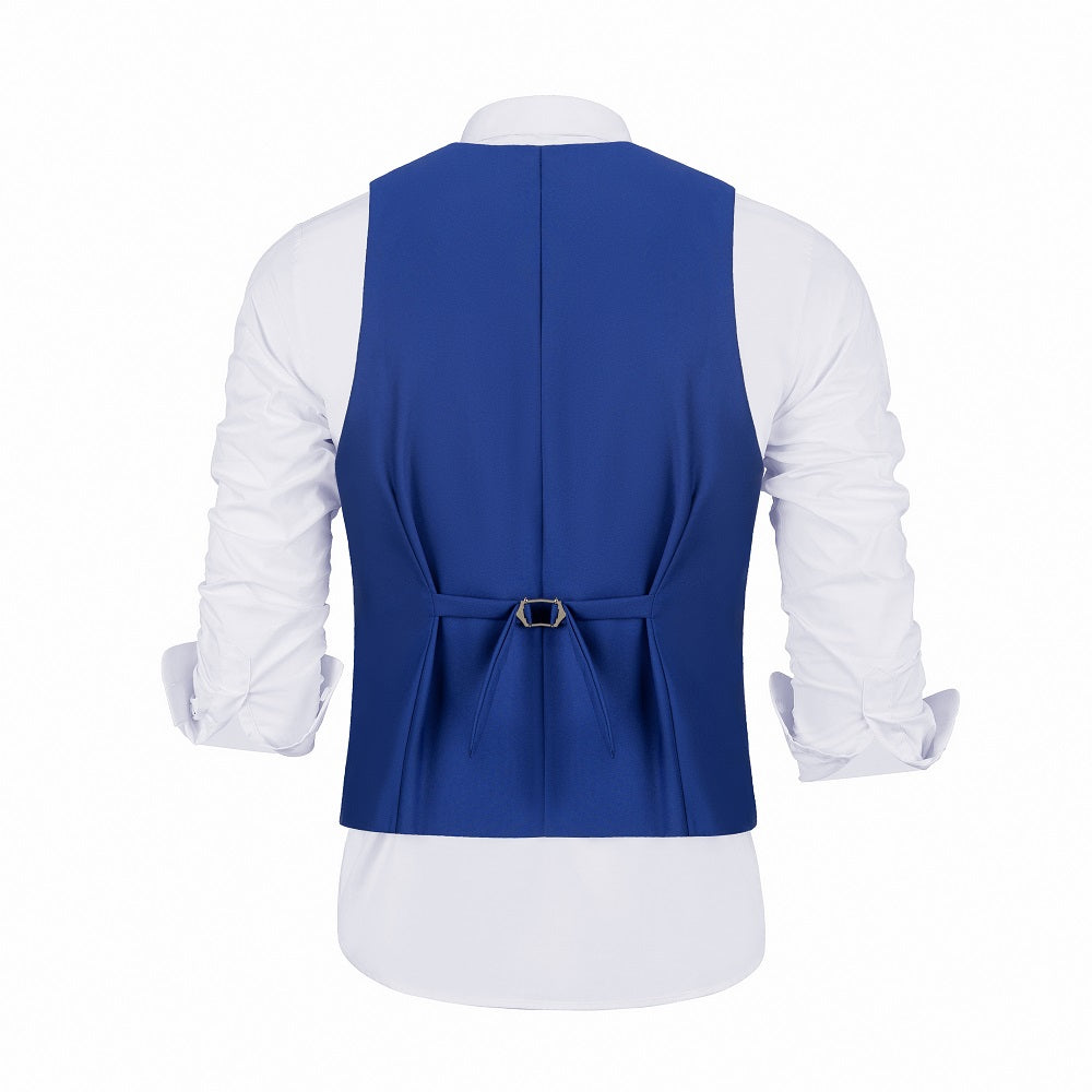 Back of royal blue men's vest with adjustable strap – business party suit style