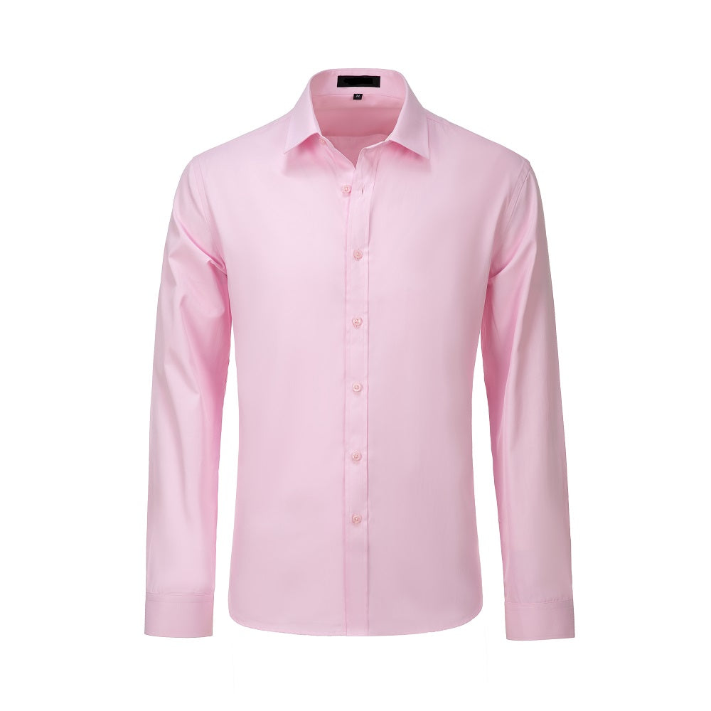 Studio shot of pink button-up shirt – breathable and lightweight slim fit design
