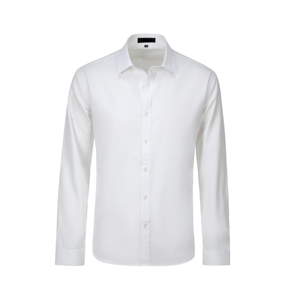 White slim fit long sleeve dress shirt for men – front view on plain background