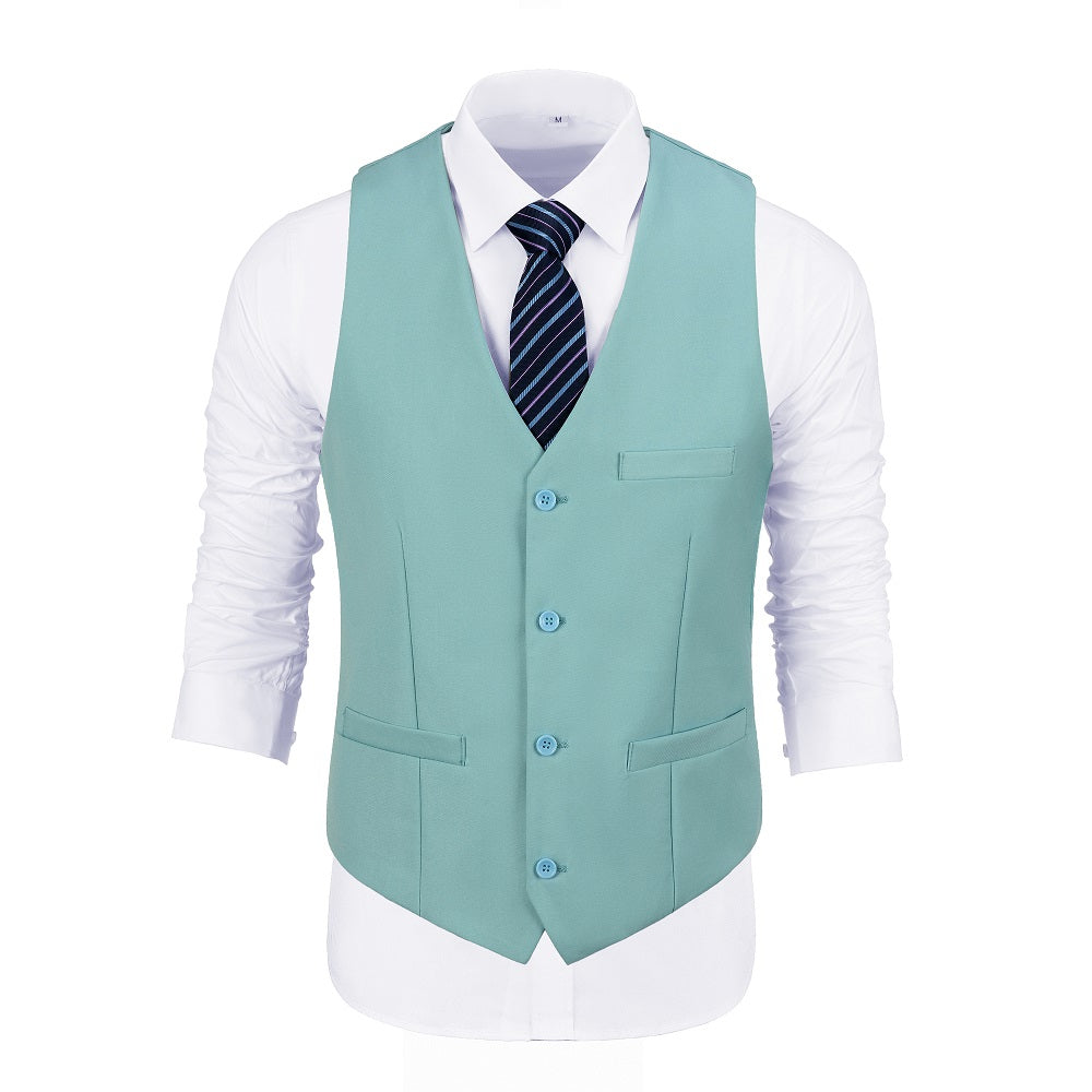 Mint green V-neck suit vest with blue buttons and white shirt – semi-formal summer fashion