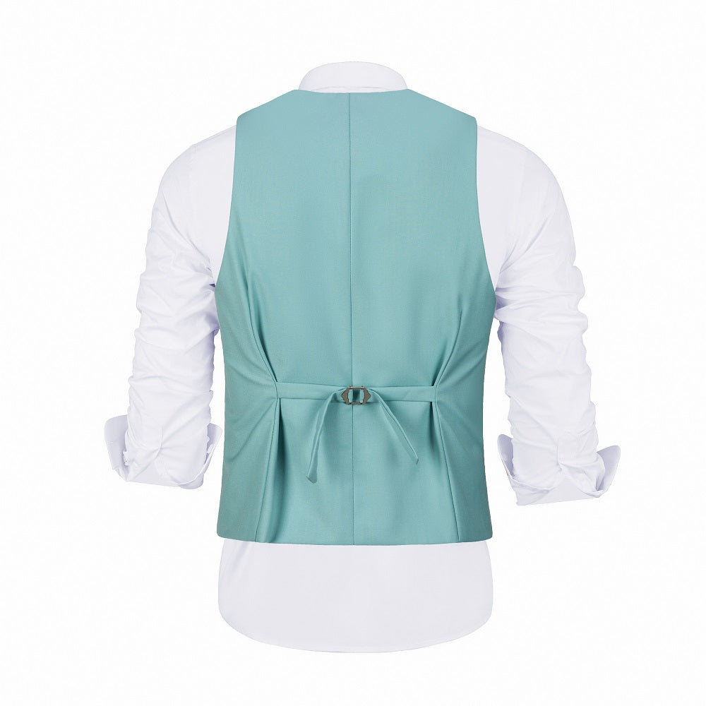 Back view of mint green vest with adjustable strap – minimalist men's suit detail
