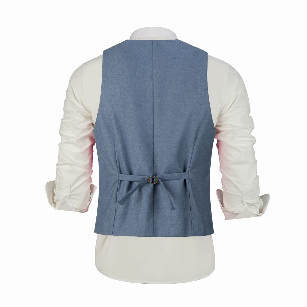 Back of denim blue suit vest with buckle strap – relaxed fit for formal occasions