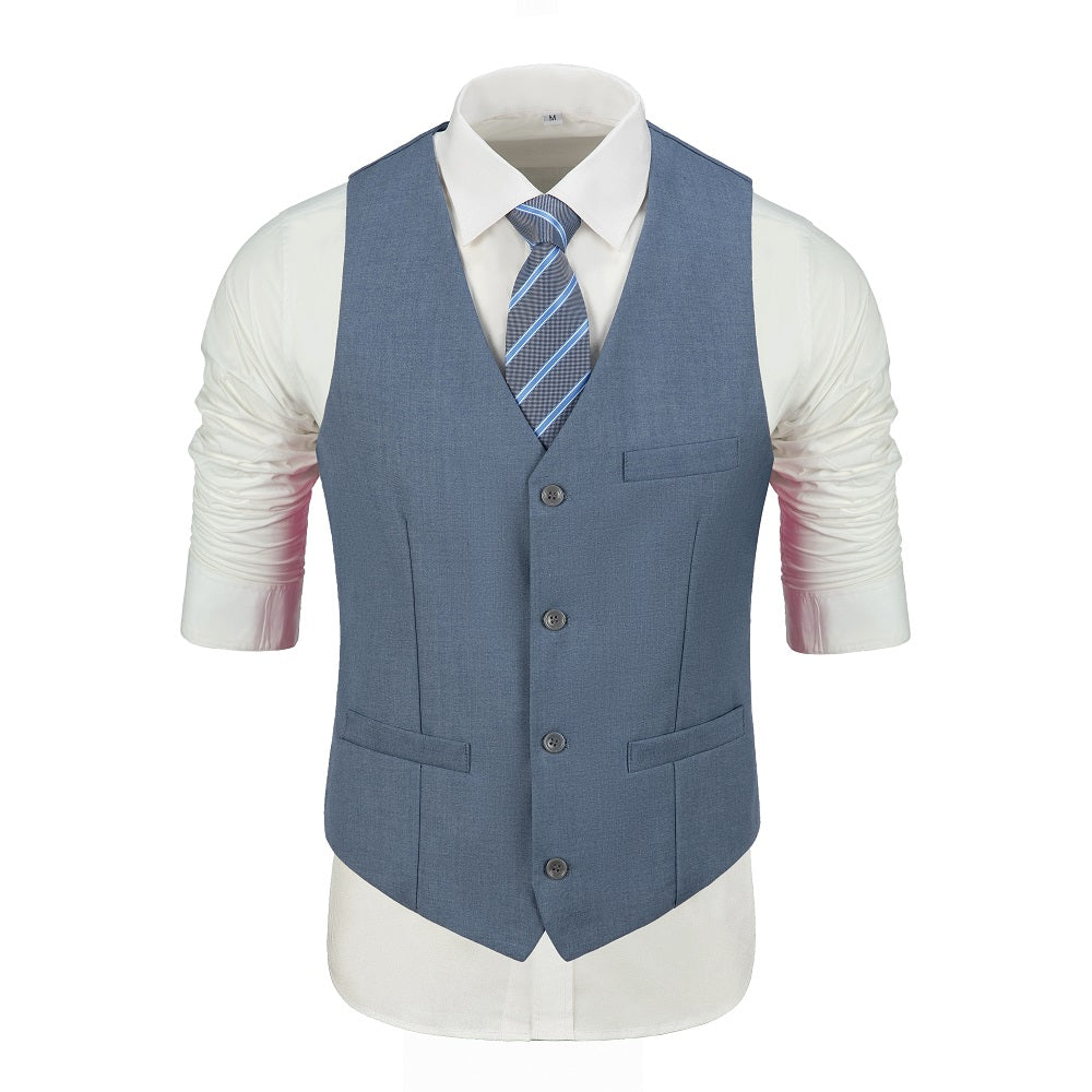 Denim blue V-neck vest with dark buttons – sleek style with striped tie and white shirt