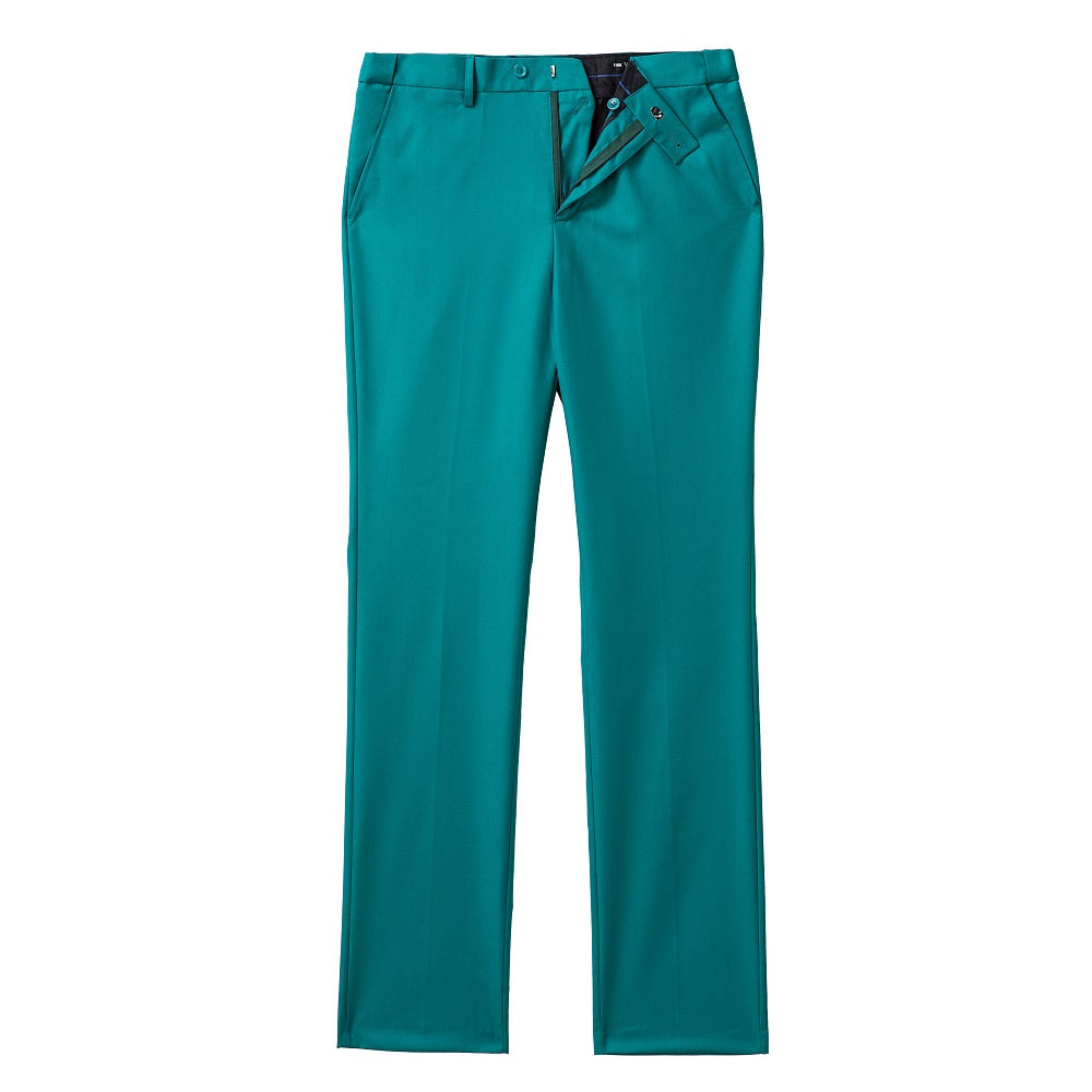 Teal green men's suit pants with zip fly and waistband clasp – party style slim trousers