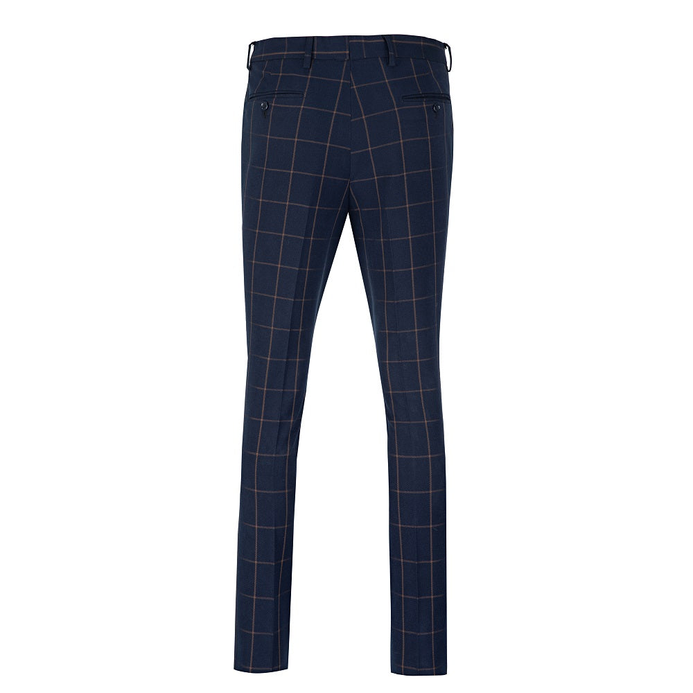 Navy blue slim fit orange plaid dress pants for men - back view