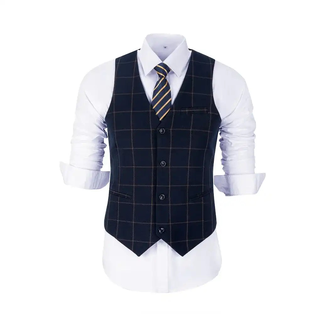 Navy plaid vest and pants with orange check – smart sleeveless option