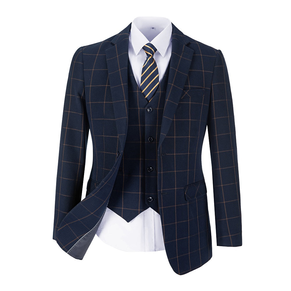 Blue orange plaid men's blazer set - party wedding business 3-piece suit with vest & striped tie formal attire