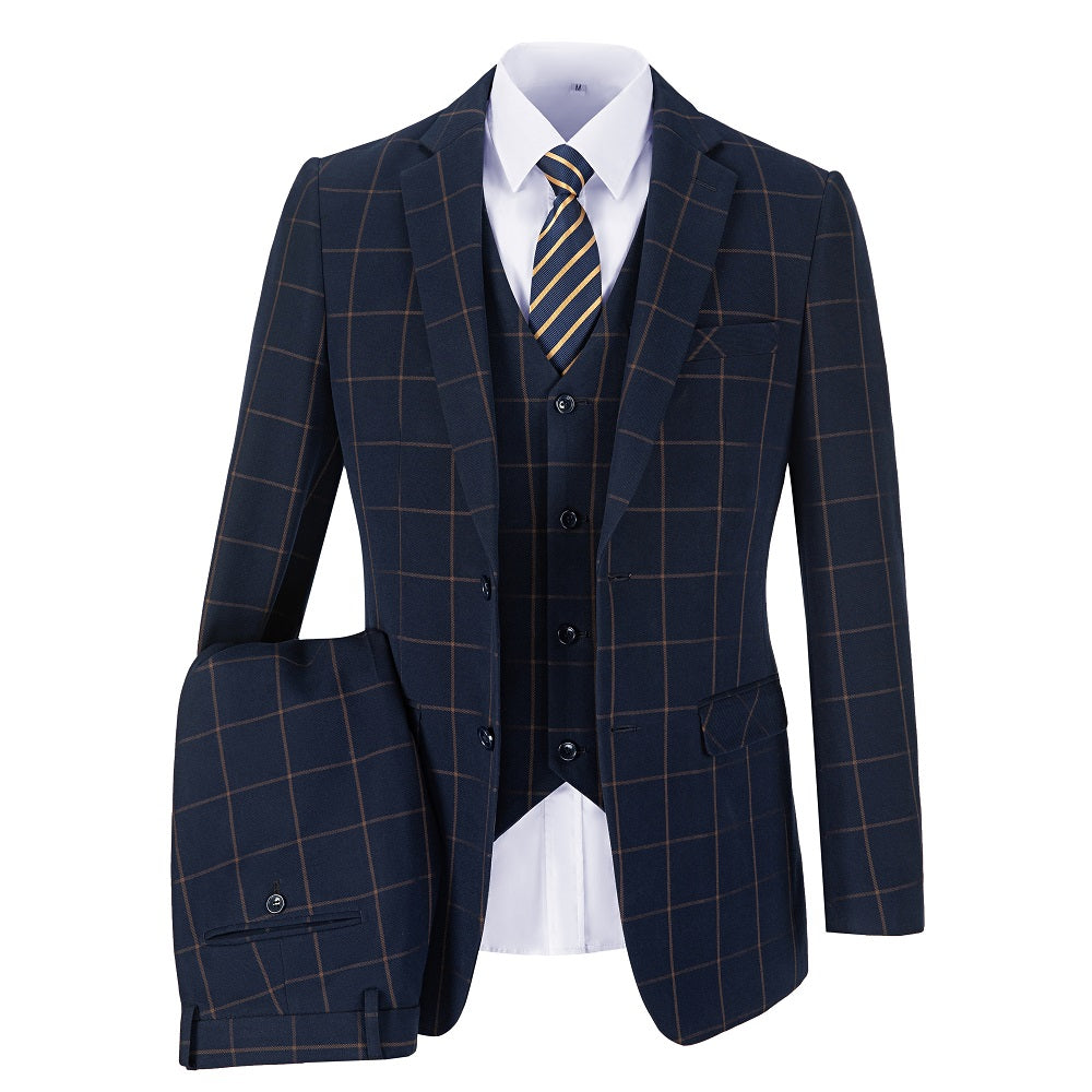 Blue Men's 3 Piece Suits ( Orange Plaid )