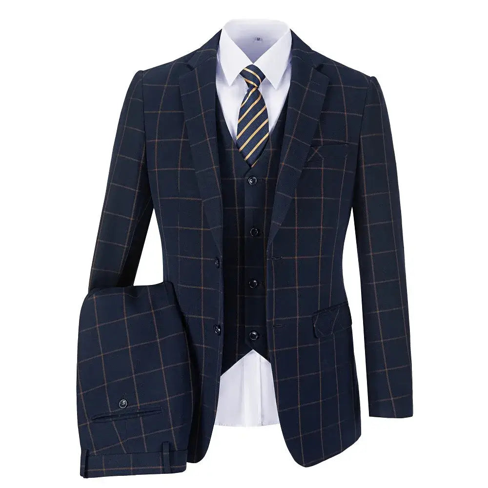 Complete 3 piece suit layout in Blue with orange plaid pattern