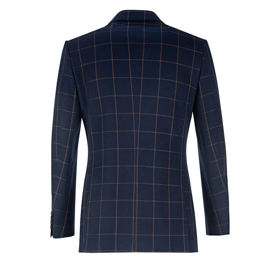 Blue orange plaid men's blazer back view - slim fit center seam with full-length check pattern formal jacket