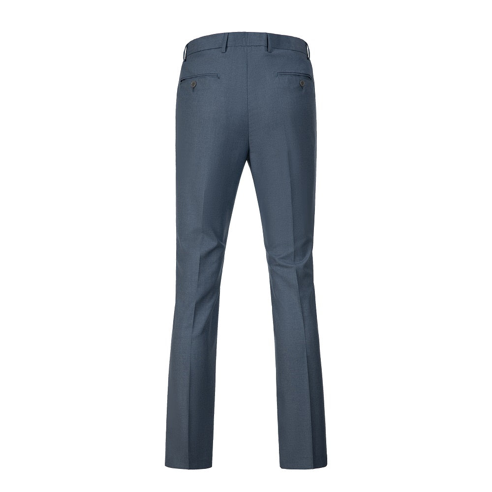 Back view of denim blue pants with buttoned pockets – clean tailored look for men