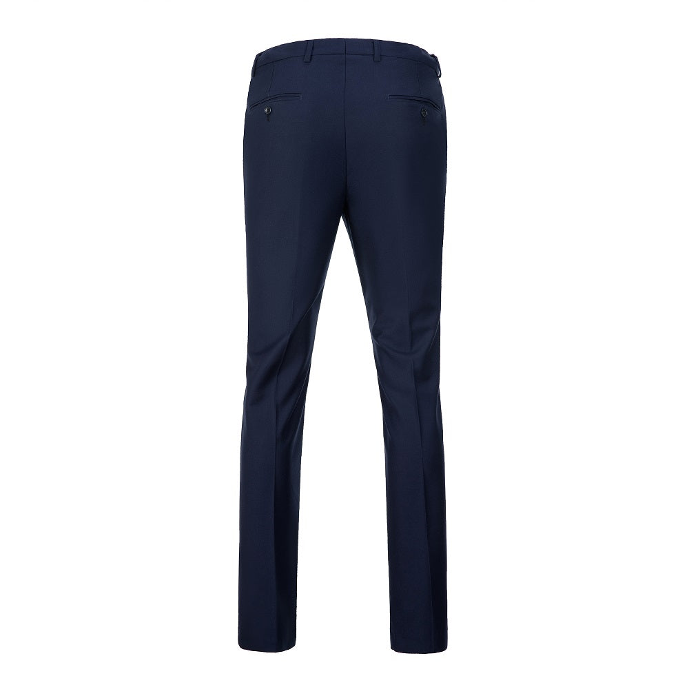 Rear view of navy blue formal trousers from men's banquet tuxedo suit