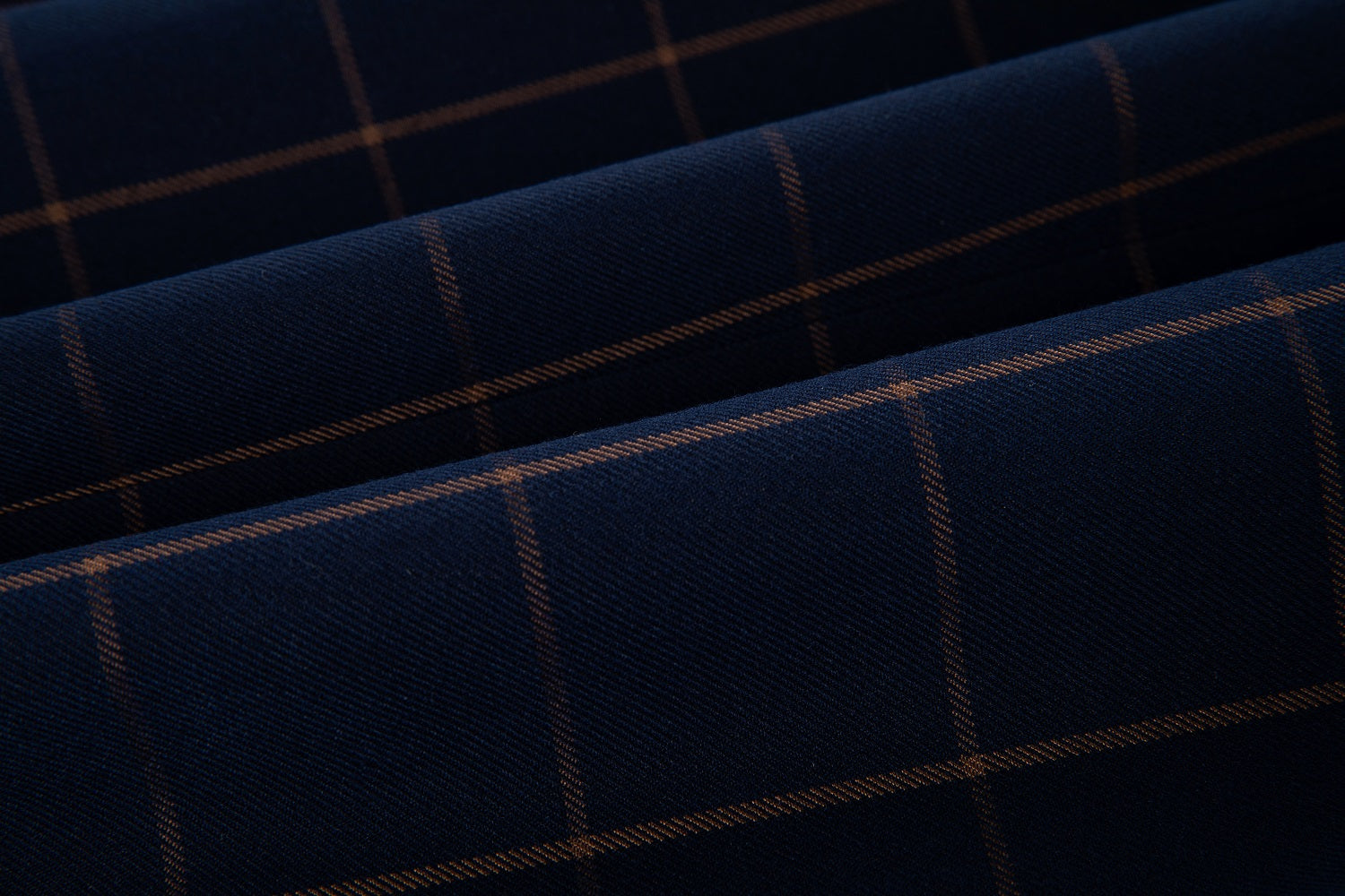 Navy blue formal dress pants fabric with orange plaid check pattern - smooth wrinkle-resistant texture for business & wedding