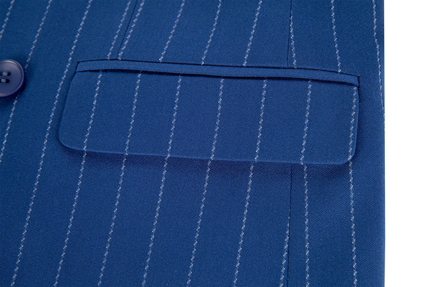 Close-up of sleeve button detail on royal blue striped men's blazer