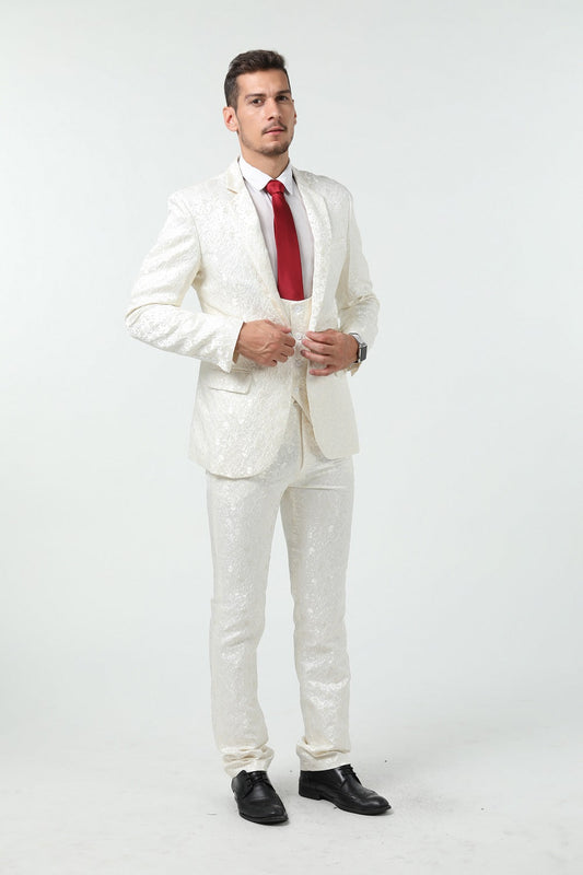 Unique Party Banquet White Navy 3 Piece Men Suits