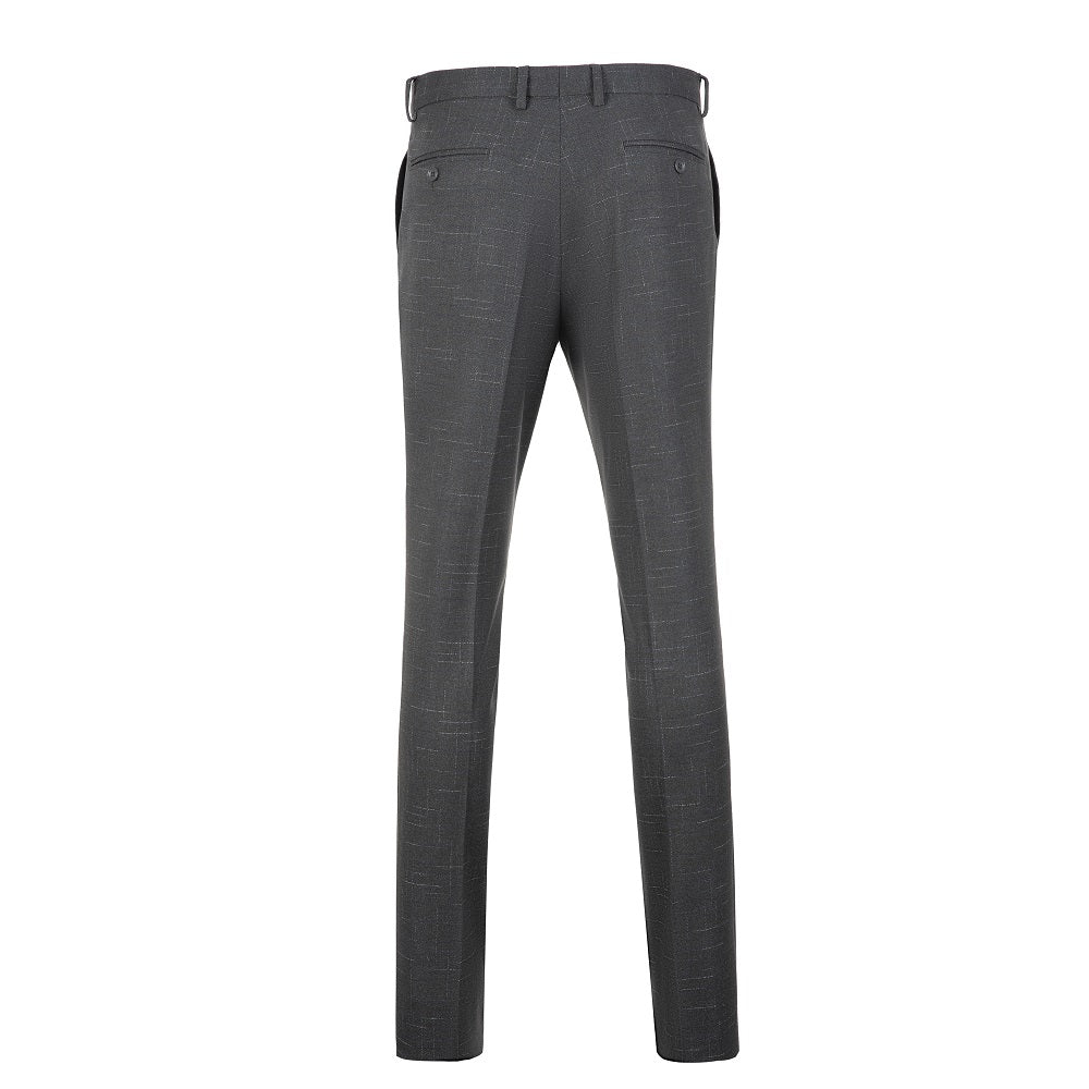 Rear view of men’s grey plaid trousers – buttoned welt pockets and belt loops