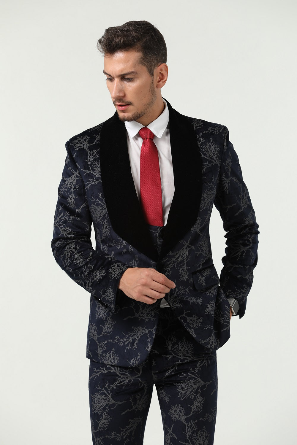 Navy Velvet Unique Patterned Party 3 Piece Men Suits