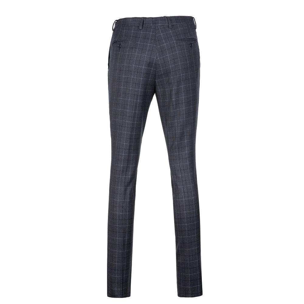 Dark grey slim fit plaid dress pants - back view with button pockets for business, wedding & party