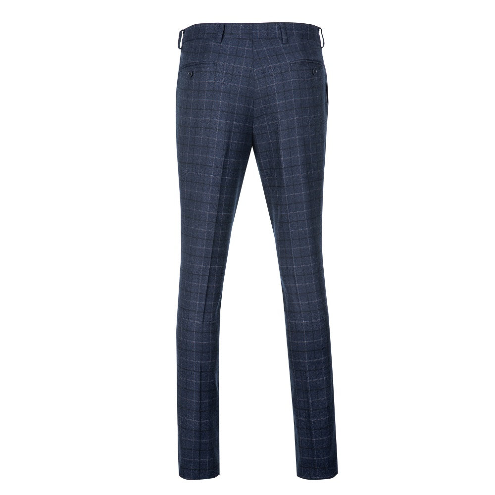 Navy large plaid men's dress pants - back view, slim fit with buttoned pockets for party, wedding & business