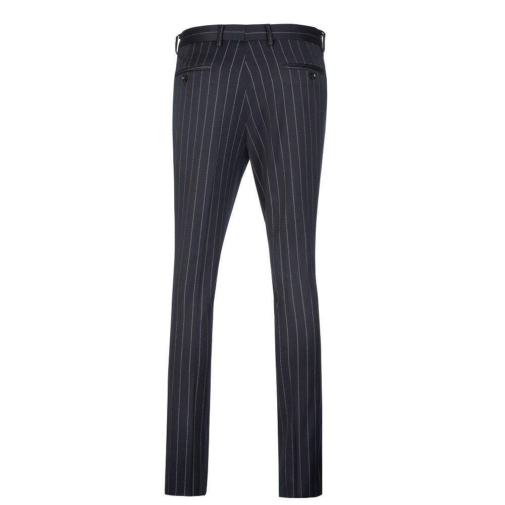 Navy stripe men's dress pants - back view with buttoned pockets for party/wedding/business