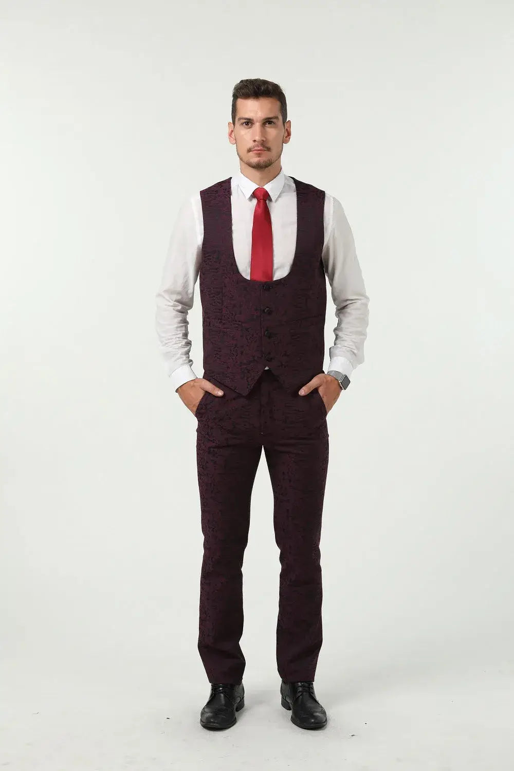 Front view of men's purple patterned vest and trousers – modern 3 piece suit look without blazer