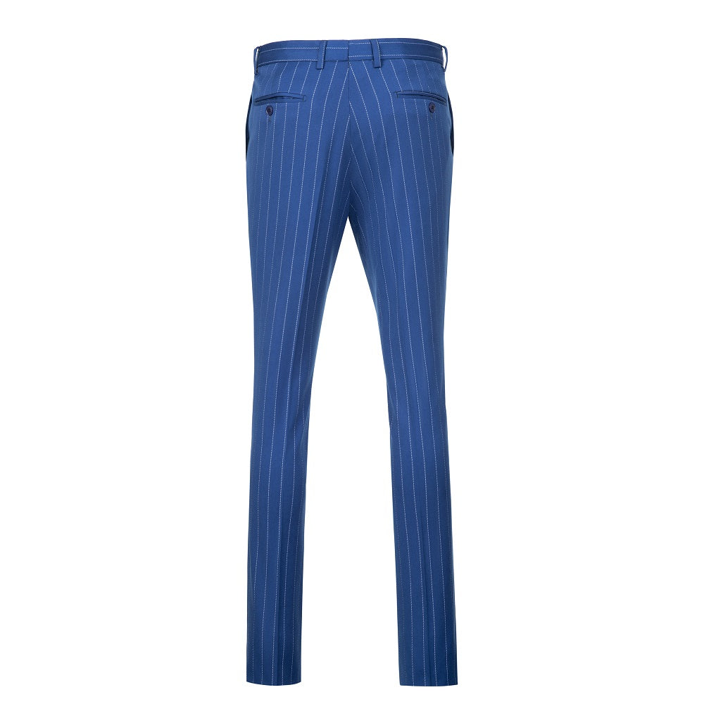 Royal blue stripe men's dress pants - back view with buttoned pockets & slim fit for party/wedding/business