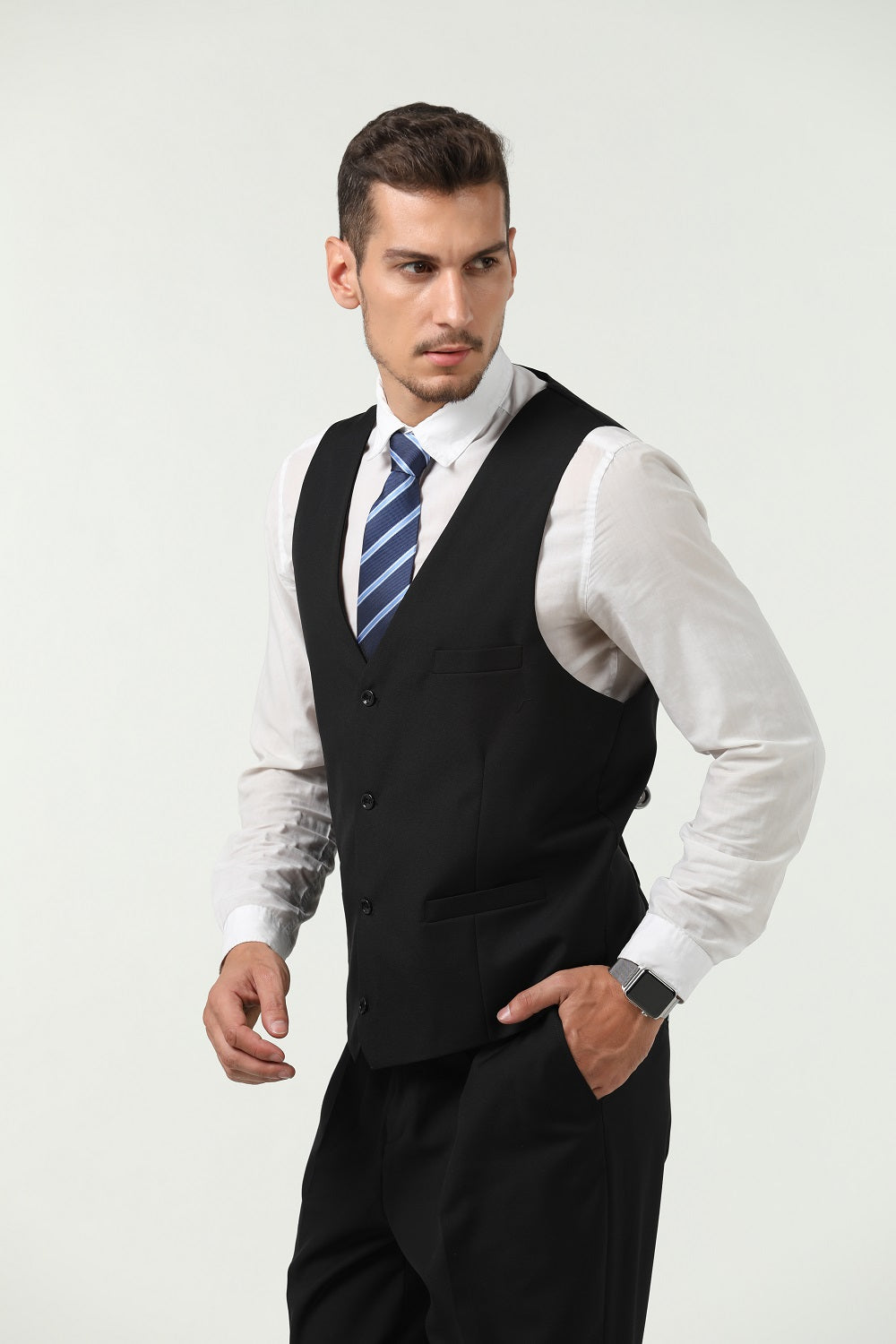 Minimalist V-neck black vest suit with striped tie – business or wedding-ready