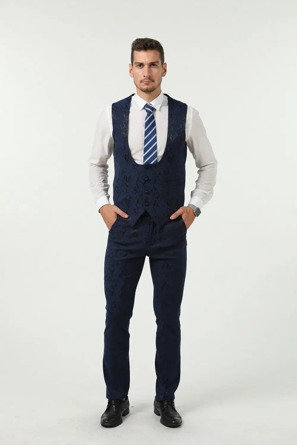 Full front view of men’s navy patterned vest and trousers – modern prom look without blazer