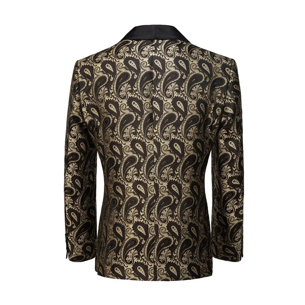 Back view of a golden paisley patterned blazer with black satin peak lapels.