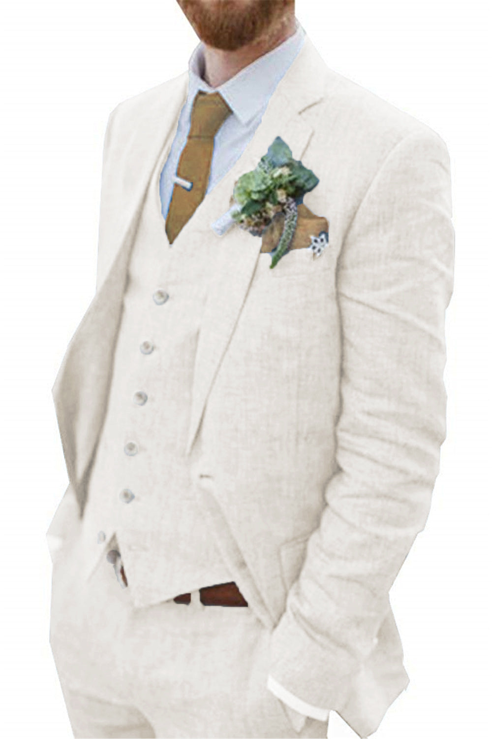 Retro Linen Beach Wedding Summer 3 Pieces Men Suits