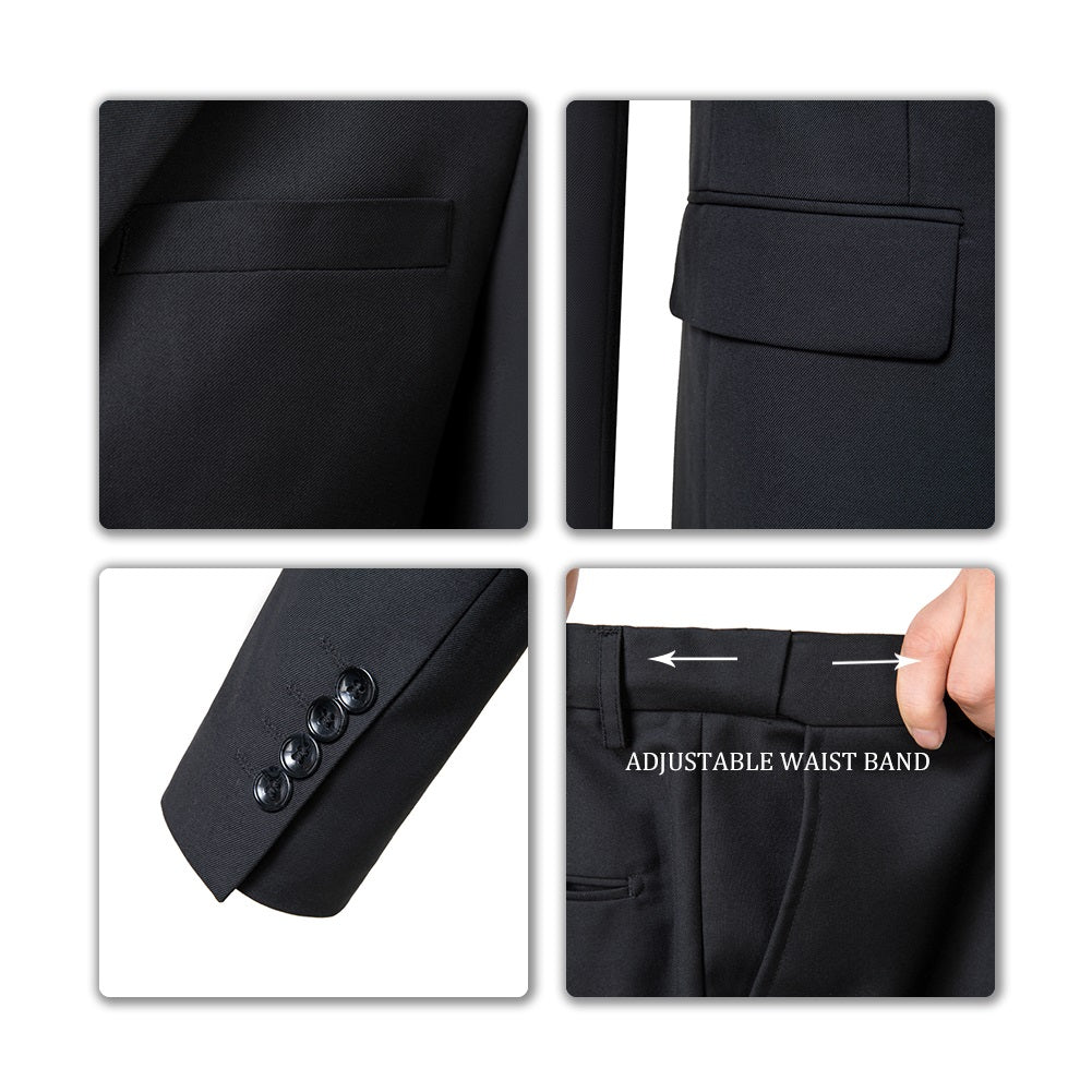 Men's black two button blazer detail collage - flap pockets, four button cuffs & adjustable waist band
