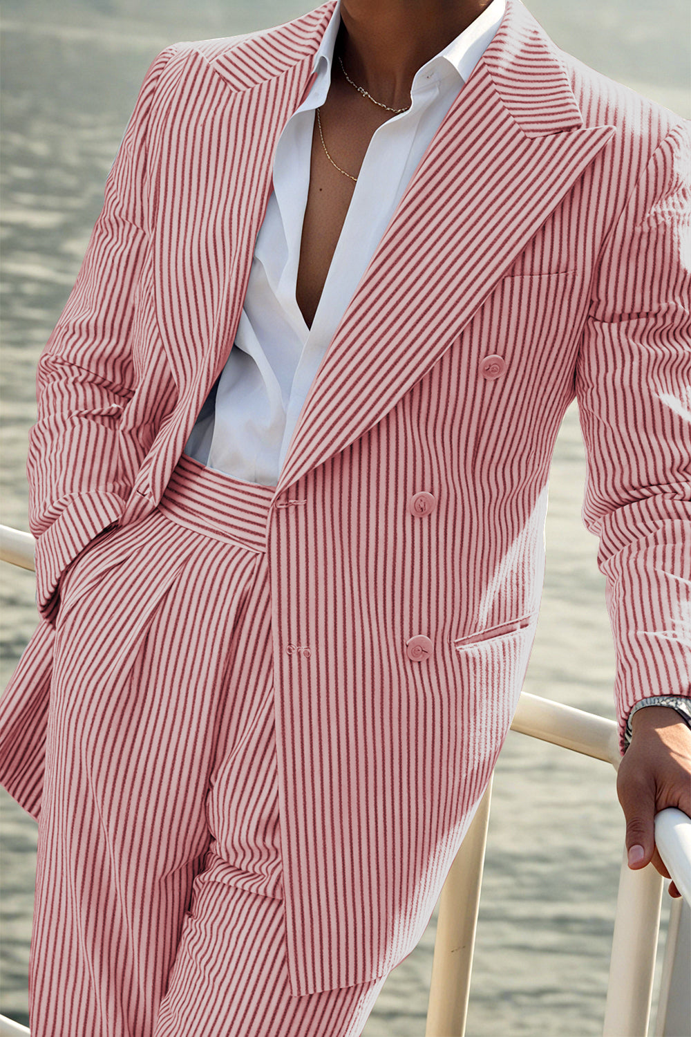 Seersucker Striped Double Breasted Blazer Pants 2 Piece Men's Summer Suit