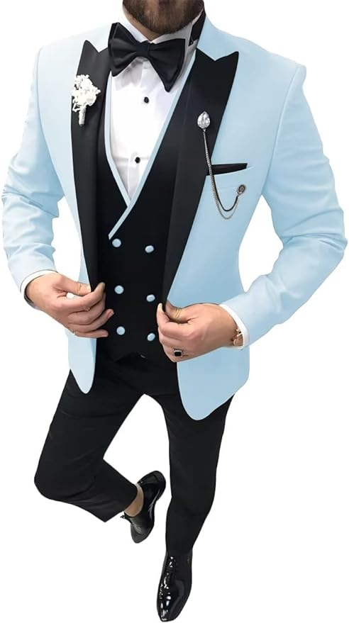 Men's Light Blue wedding tuxedo 3 piece suit with satin lapel – elegant prom dinner outfit