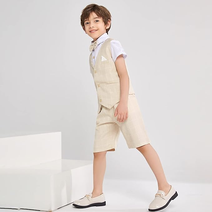 Summer Boys Suit 4Pcs Shirt Vest Shorts Tie Set